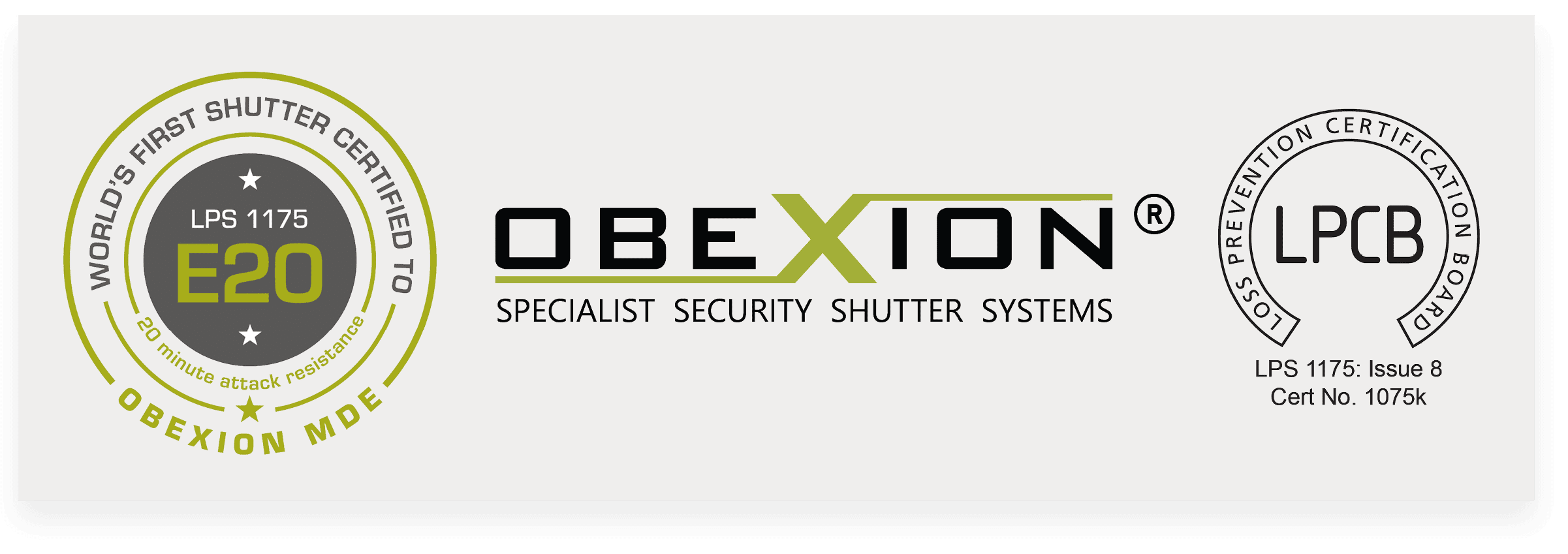 E20 badge of approval for Obexion MDE. Obexion logo. LPCB logo with Charter Global certificate number